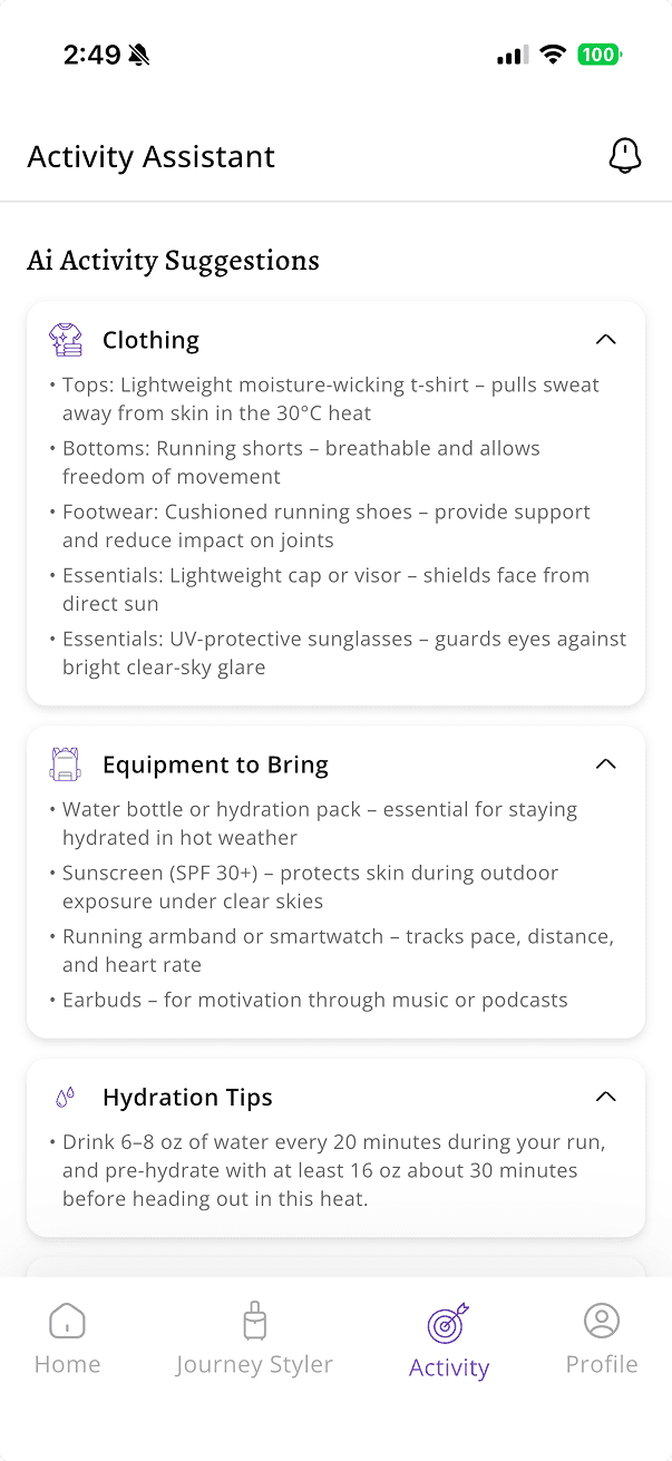 ClimaPal activity view with weather-smart suggestions