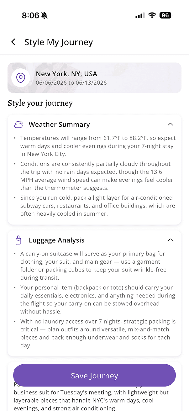 ClimaPal Journey Styler showing a weather summary and luggage analysis for a 7-night New York trip