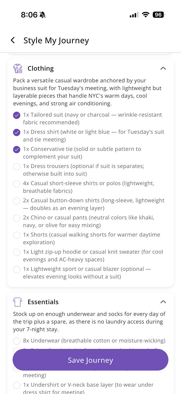 ClimaPal packing list with checkable clothing items and quantities for a business trip